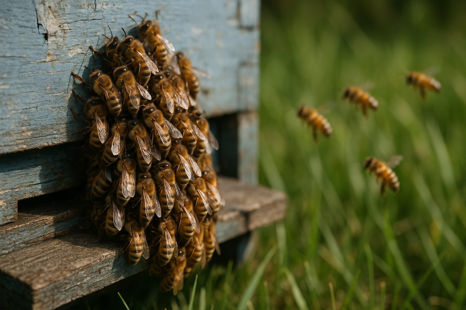 Abeilles en grappe devant la ruche